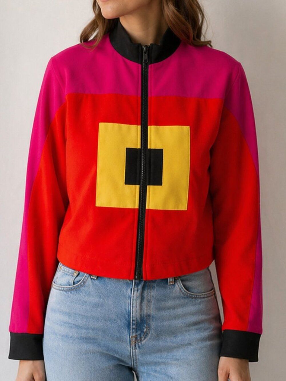 VTG Morgan Miller Colorblock 100% wool Zip Jacket Size 4 Red Pink Geometric